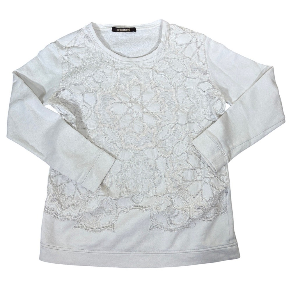 Roberto Cavalli White‎ Lace Embellished Crewneck Sweatshirt Top Size 44 US 10